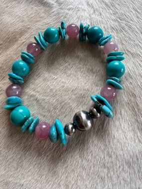 Handmade Turquoise & Pink Quartz Beaded Stretch Bracelet